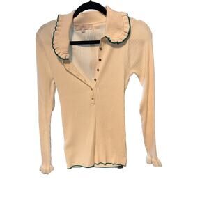 Loft Women's Knit Long Sleeve Ivory Ribbed Blouse with Green Edging-M